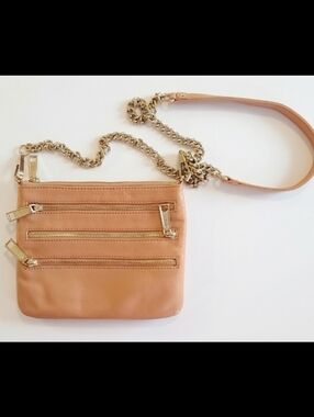 Rebecca Minkoff Leather Mini Triple  Zip Clutch Crossbody Bag Gold Chain